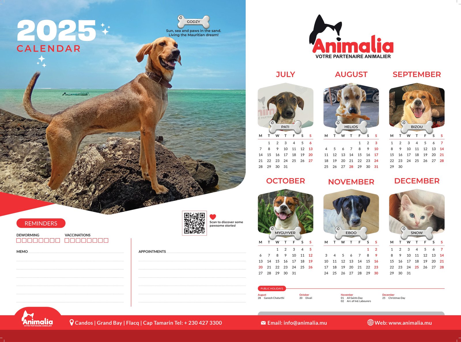 Calendrier Animalia 2025, pages juillet à décembre