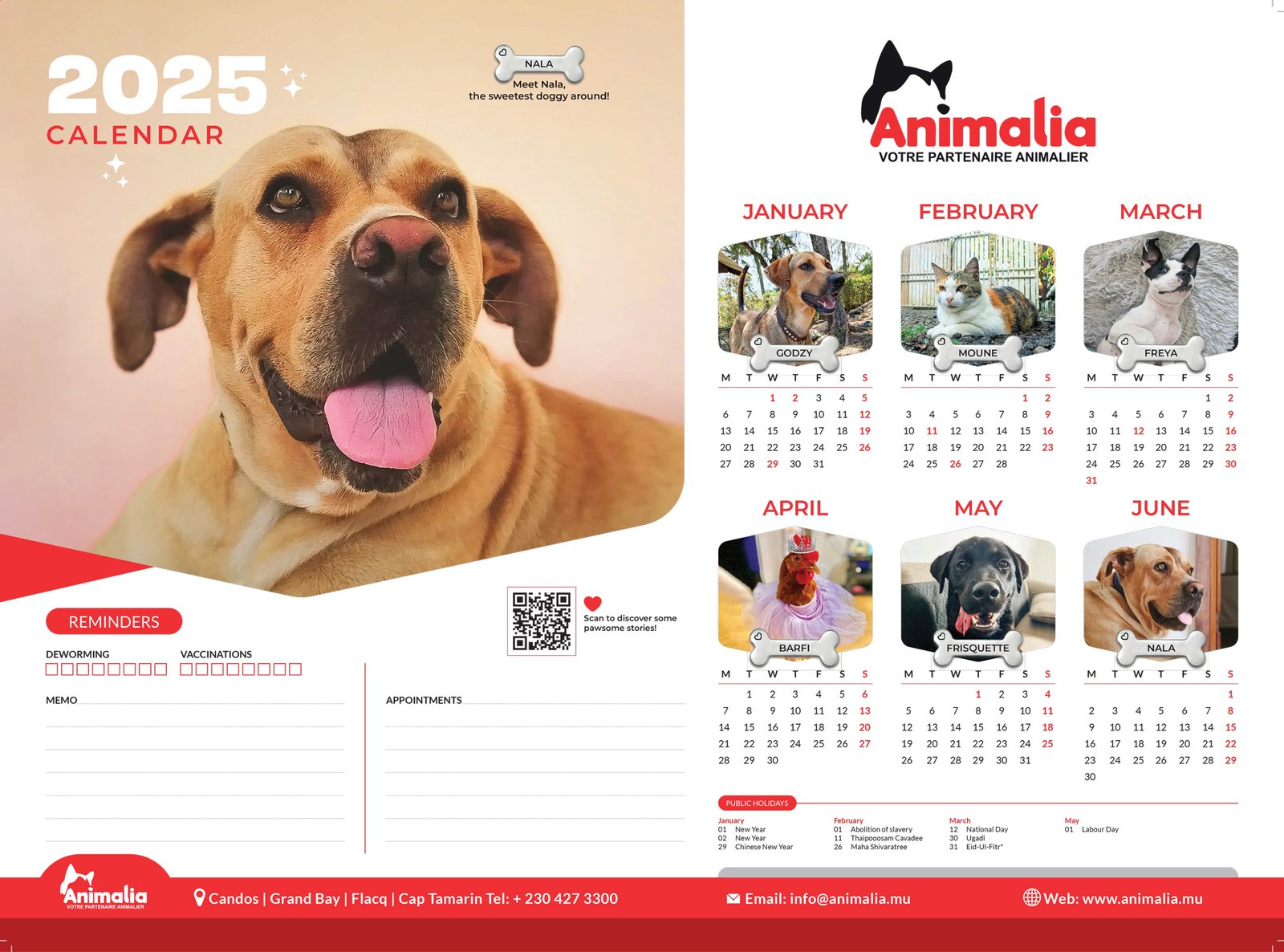 Calendrier Animalia 2025, pages janvier à juin